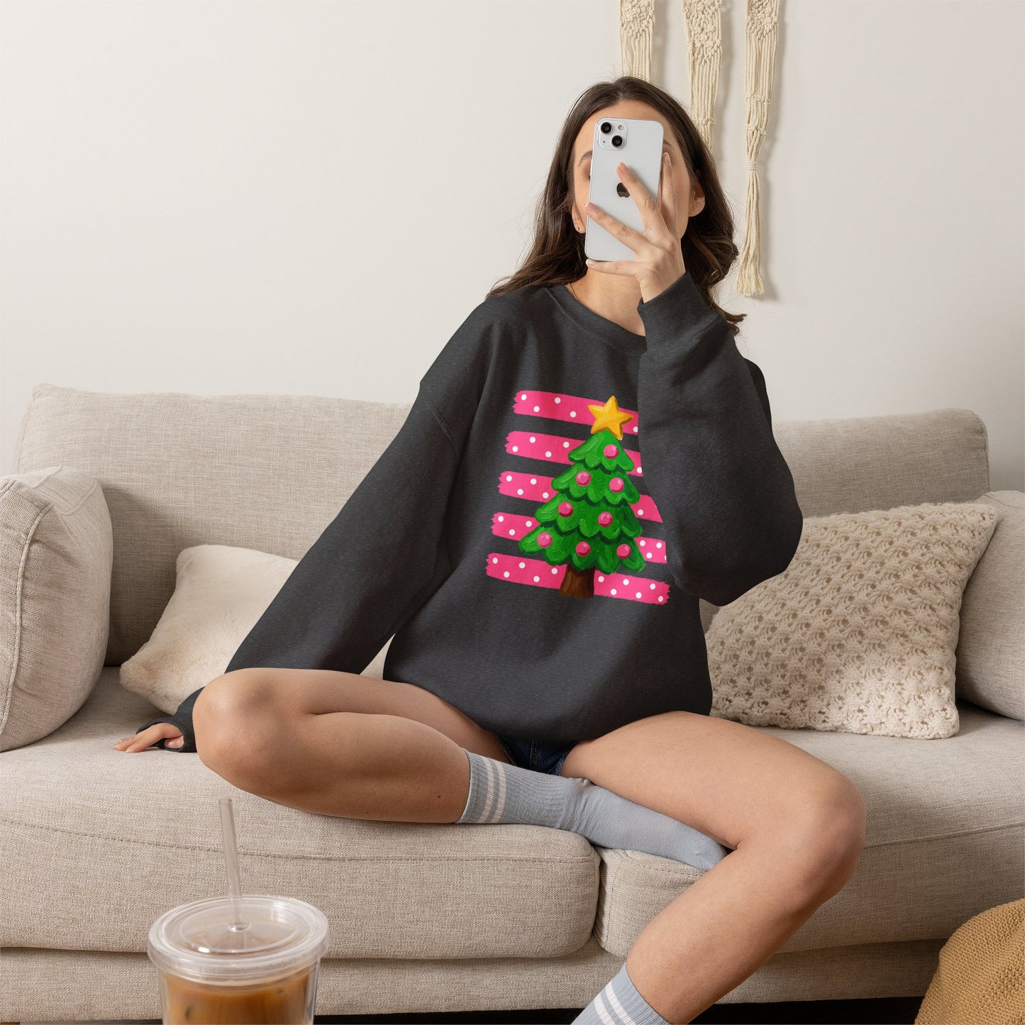 Preppy Pink Christmas Tree Sweatshirt - Pink Striped Holiday Crewneck