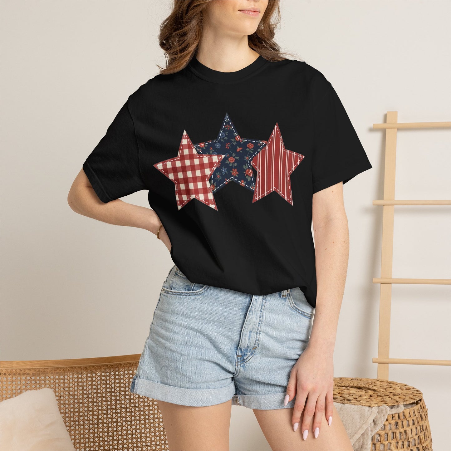 4th of July Patchwork Star T-Shirt for Summer nights • Floral Gingham Red White Blue USA Tee • Patriotic Outfit