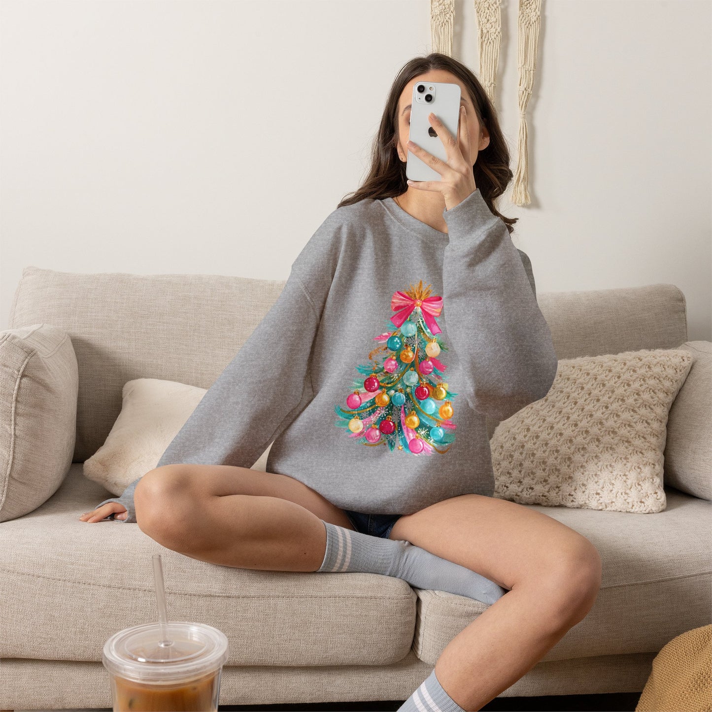 Preppy Pastel Christmas OrnamentTree Crewneck Sweatshirt — Pastel Ornament Holiday Sweatshirt