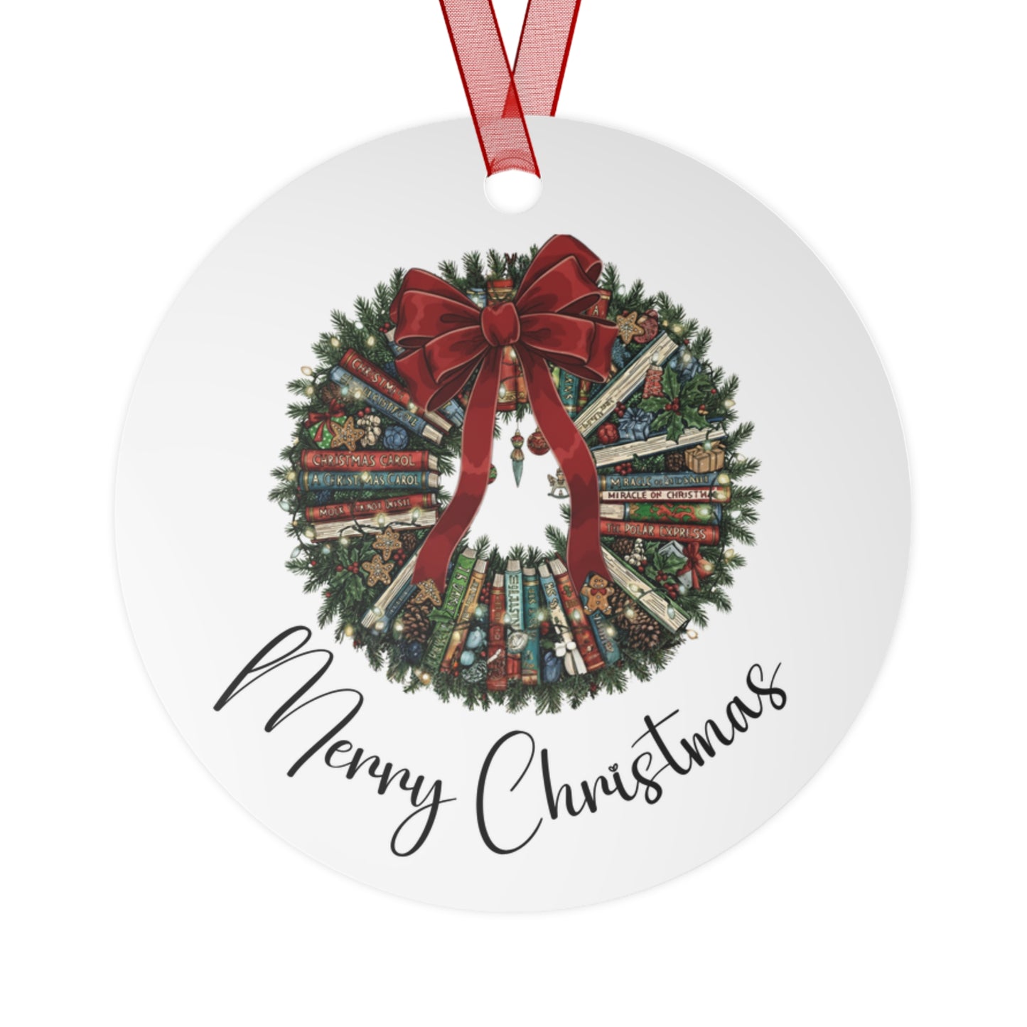 Bookish Wreath Metal Christmas Ornaments, Festive Holiday Decor, Personalized Gift for Tree, DIY Christmas Decorations, Wreath Design, Merry Christmas