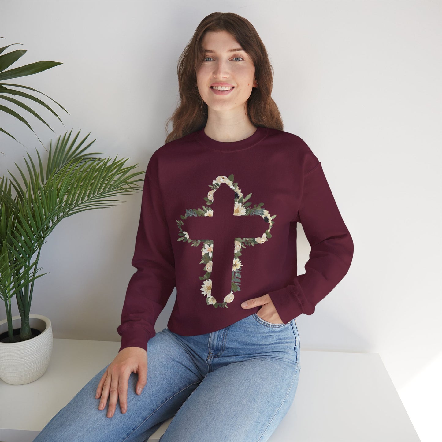 Floral Cross Crewneck Sweatshirt — Christian Faith Floral Pullover