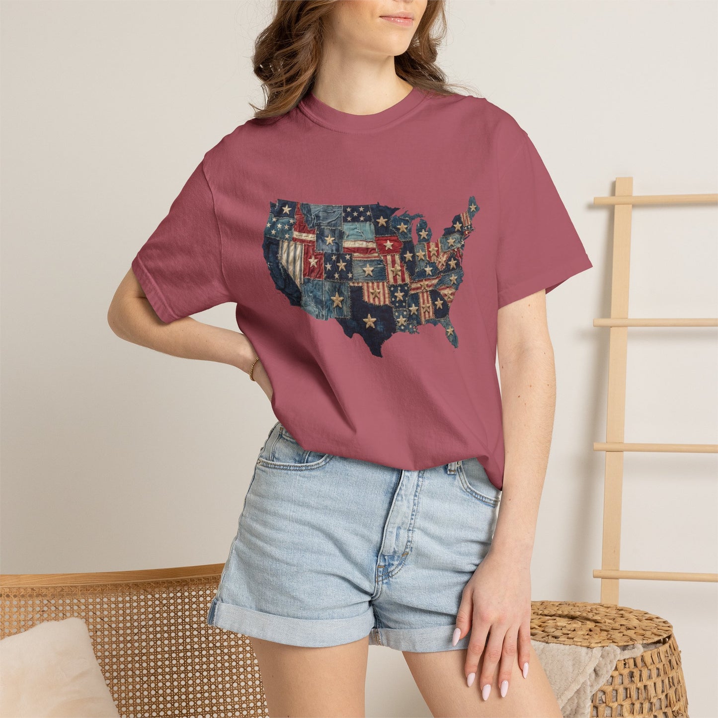 Denim American Flag T-Shirt • USA Patchwork Map Tee • Patriotic Vintage Stars Graphic Shirt