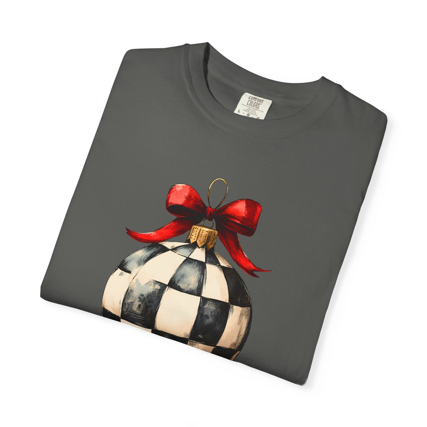 Checkerboard Ornament T-Shirt — Holiday Ball with Red Bow