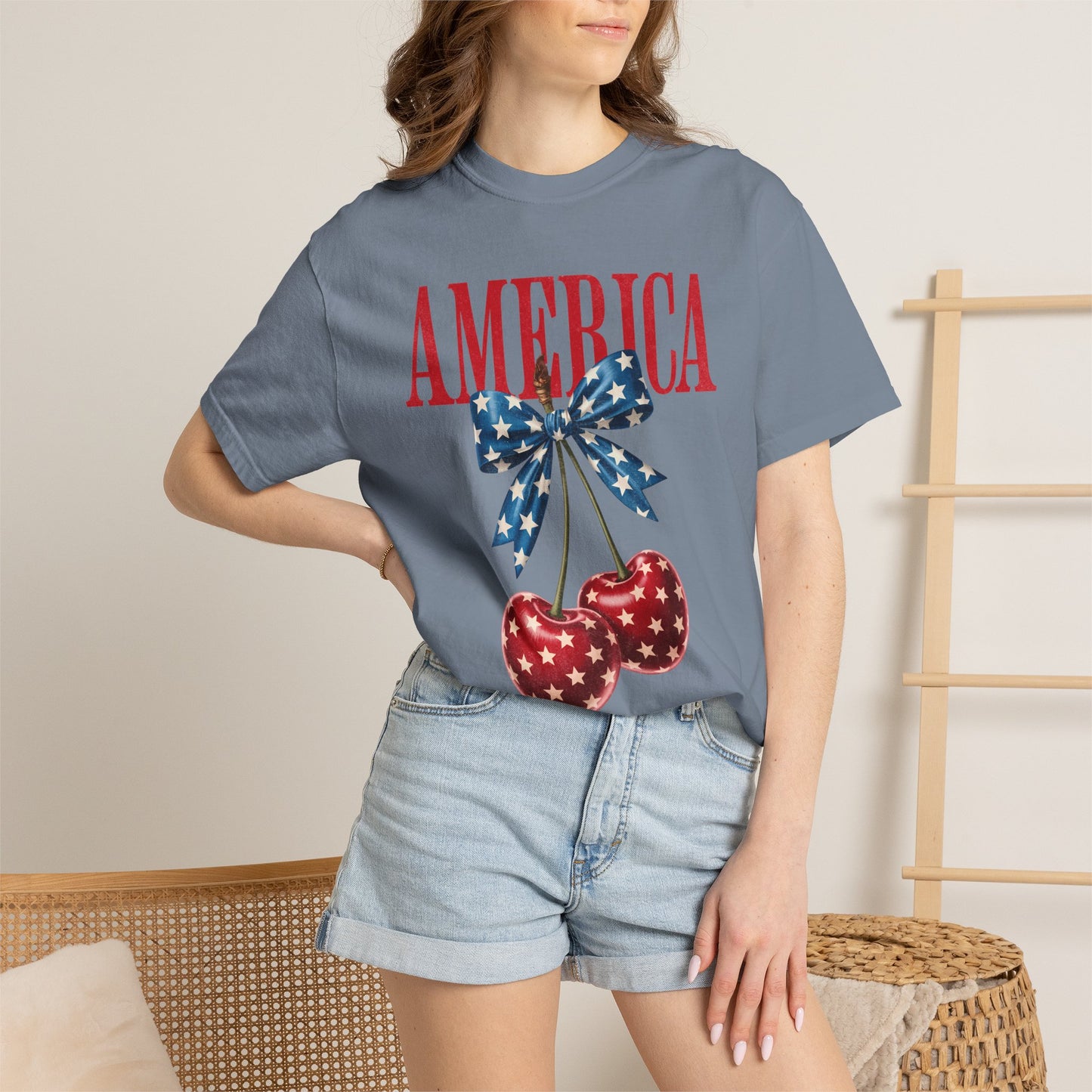 America Cherry Bow T-Shirt • 4th of July Coquette Tee • Red White Blue Graphic Shirt