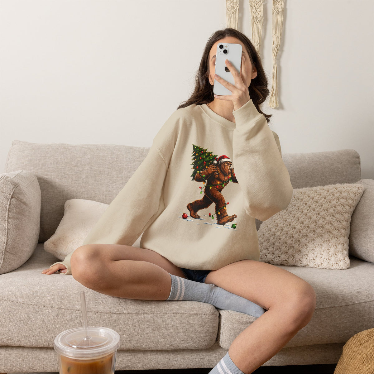 Sweatshirt — Holiday Sasquatch Carrying Christmas Tree Graphic Crewneck
