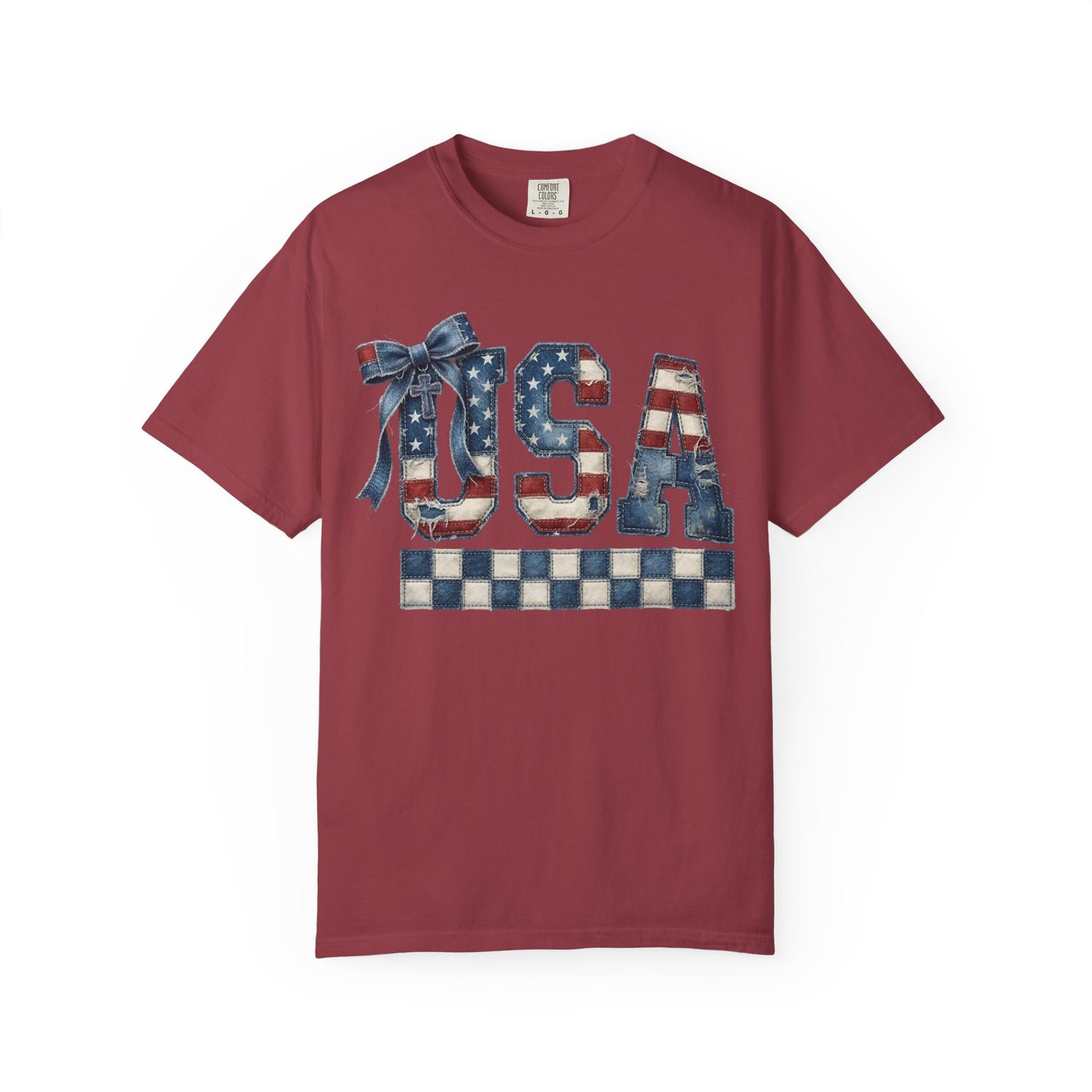 USA Patchwork Denim T-Shirt • Red White Blue Coquette Bow Tee • Americana Graphic Shirt