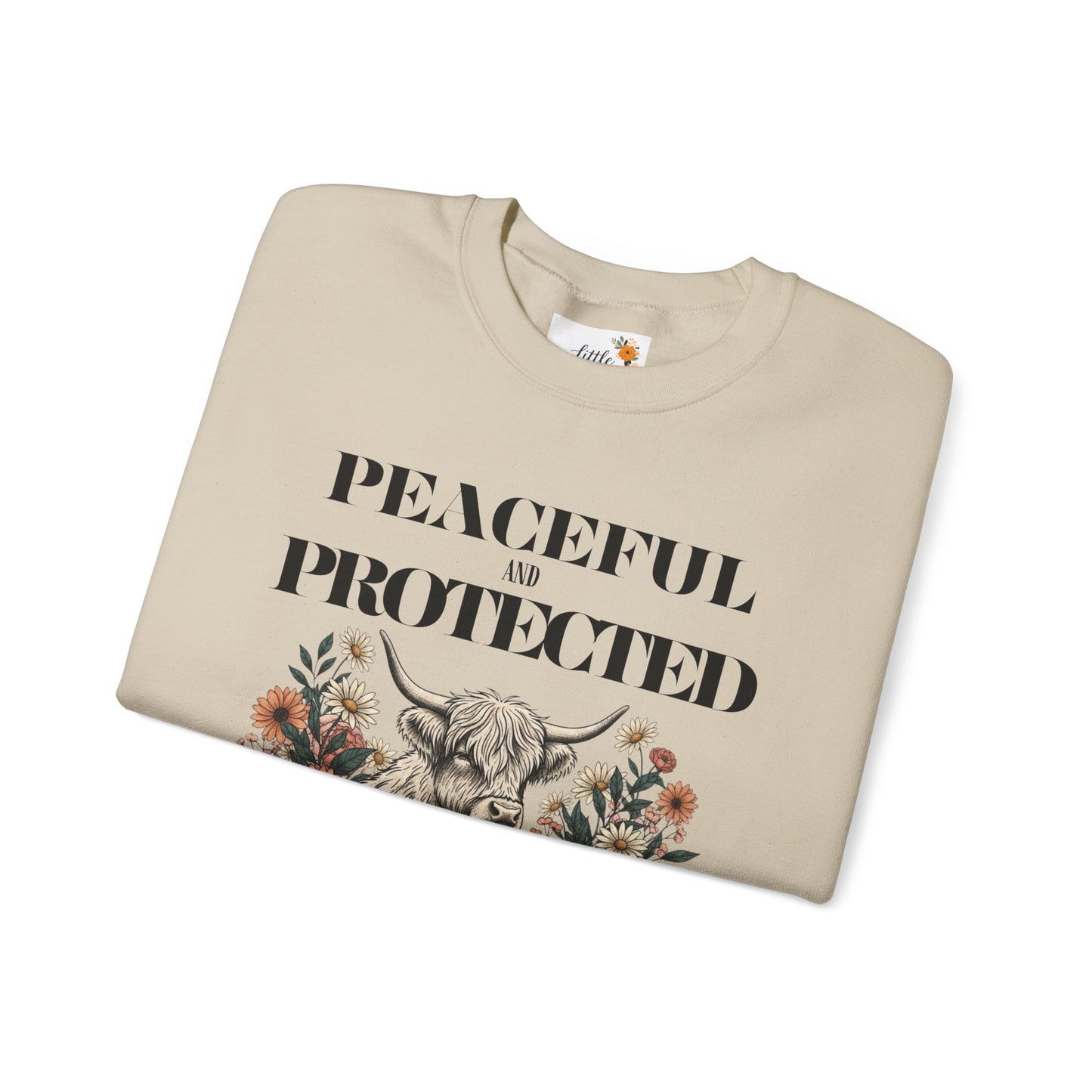 Peaceful and Protected Highland Cow Floral Sweatshirt • Psalm 4:8 Christian Crewneck • Western Cow Faith Graphic