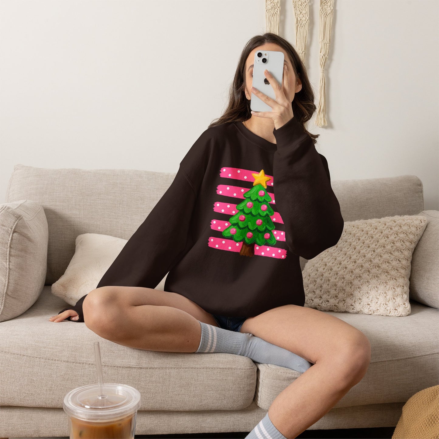 Preppy Pink Christmas Tree Sweatshirt - Pink Striped Holiday Crewneck