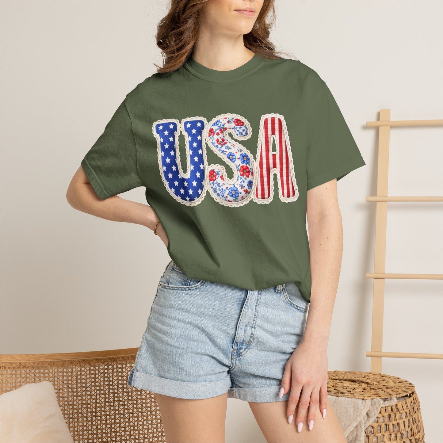 Floral Patchwork USA Shirt • Preppy Patriotic Tee • Vintage Americana Gingham Shirt • 4th of July Mom Outfit