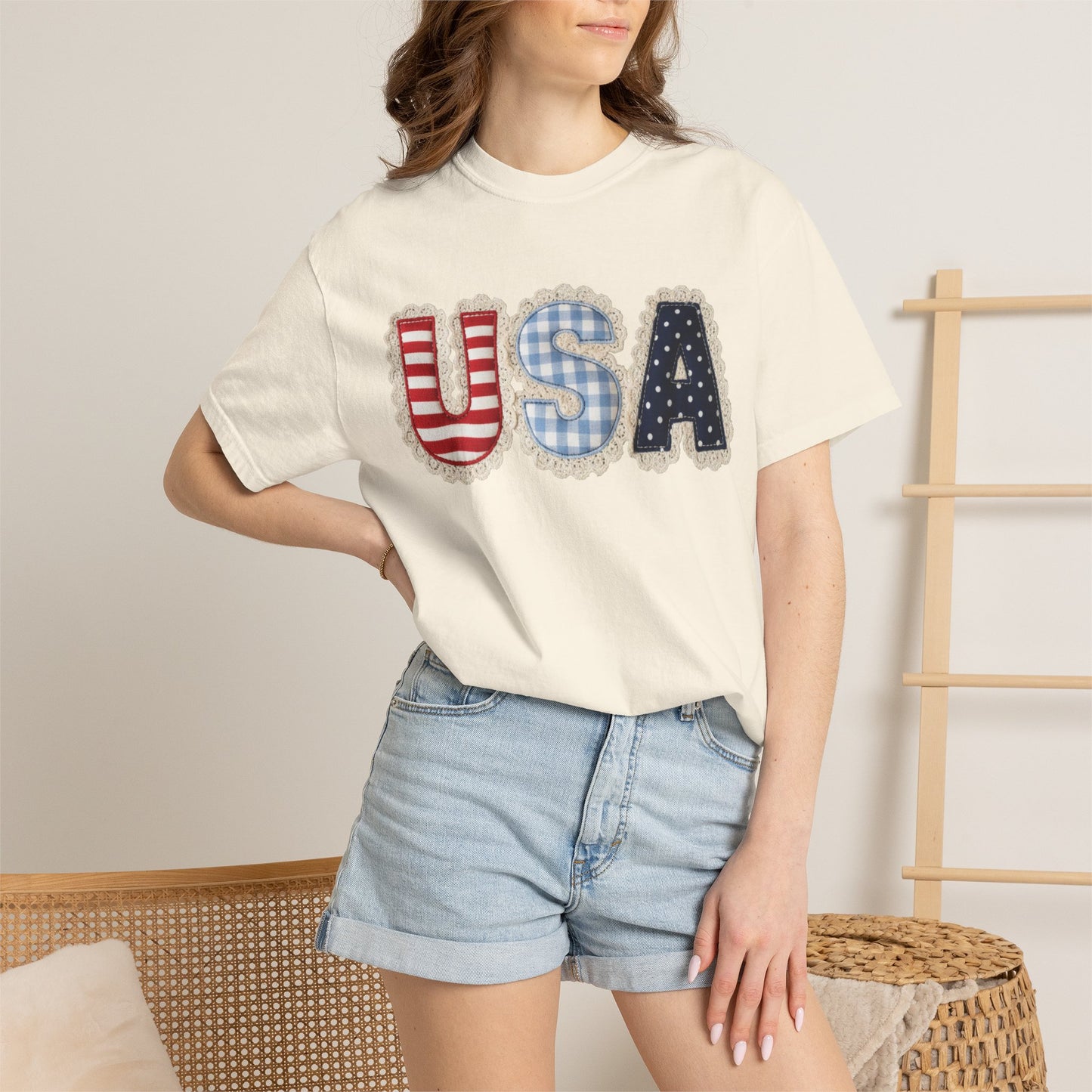 USA Patchwork Shirt • Preppy Patriotic Tee • Coquette Americana Top • Red White Blue Outfit Shirt