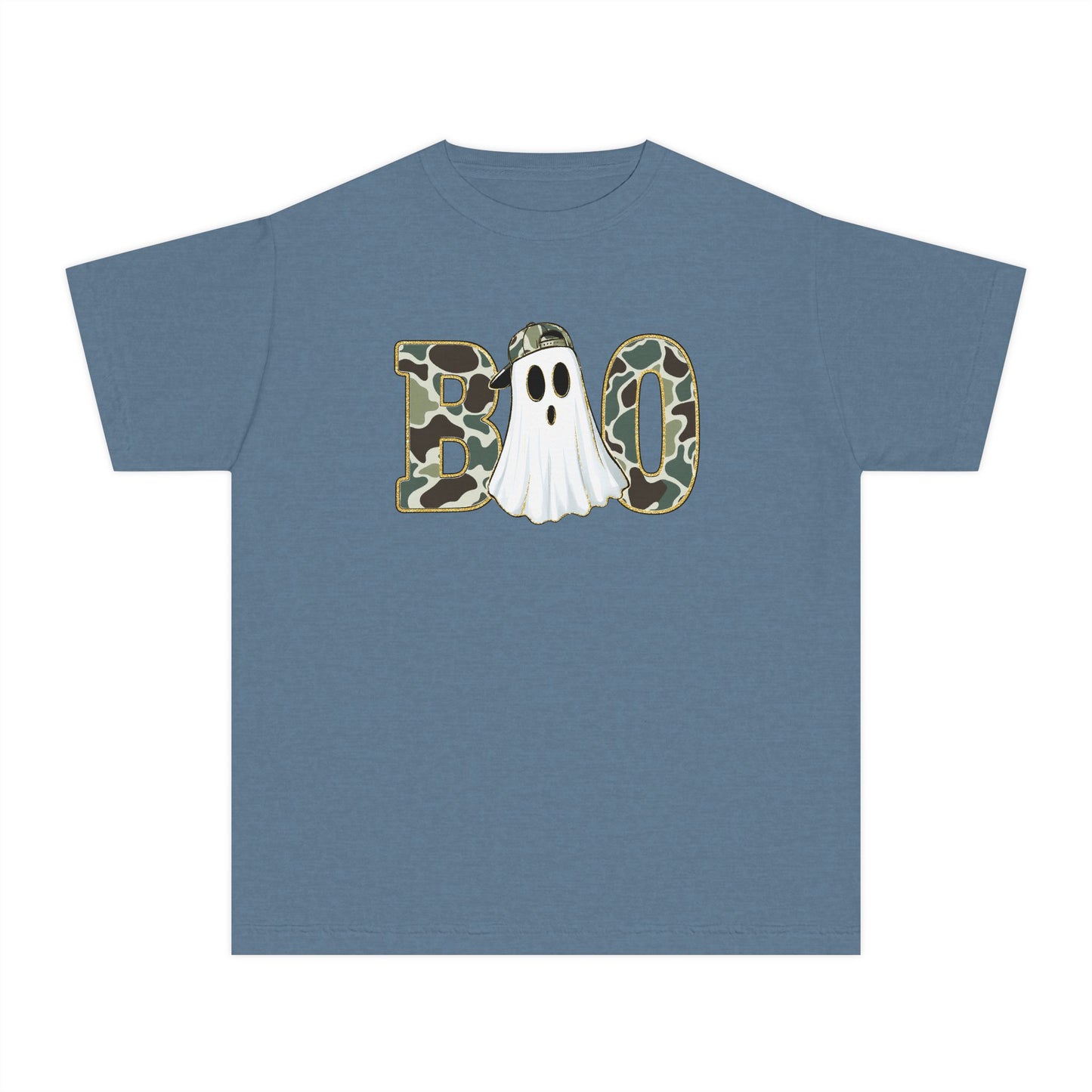 BOO Ghost Youth Tee — Camo Pattern Halloween Shirt for Kids