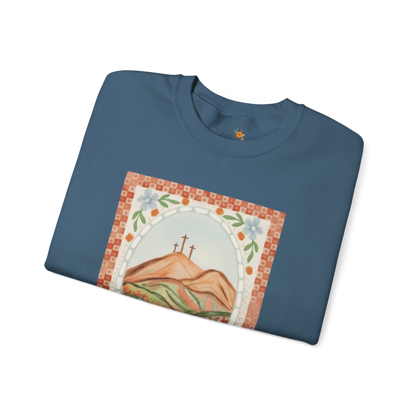 Easter Landscape Faith Sweatshirt (Front Only) • Christian Mountain Cross Crewneck • Floral Resurrection Scene Graphic
