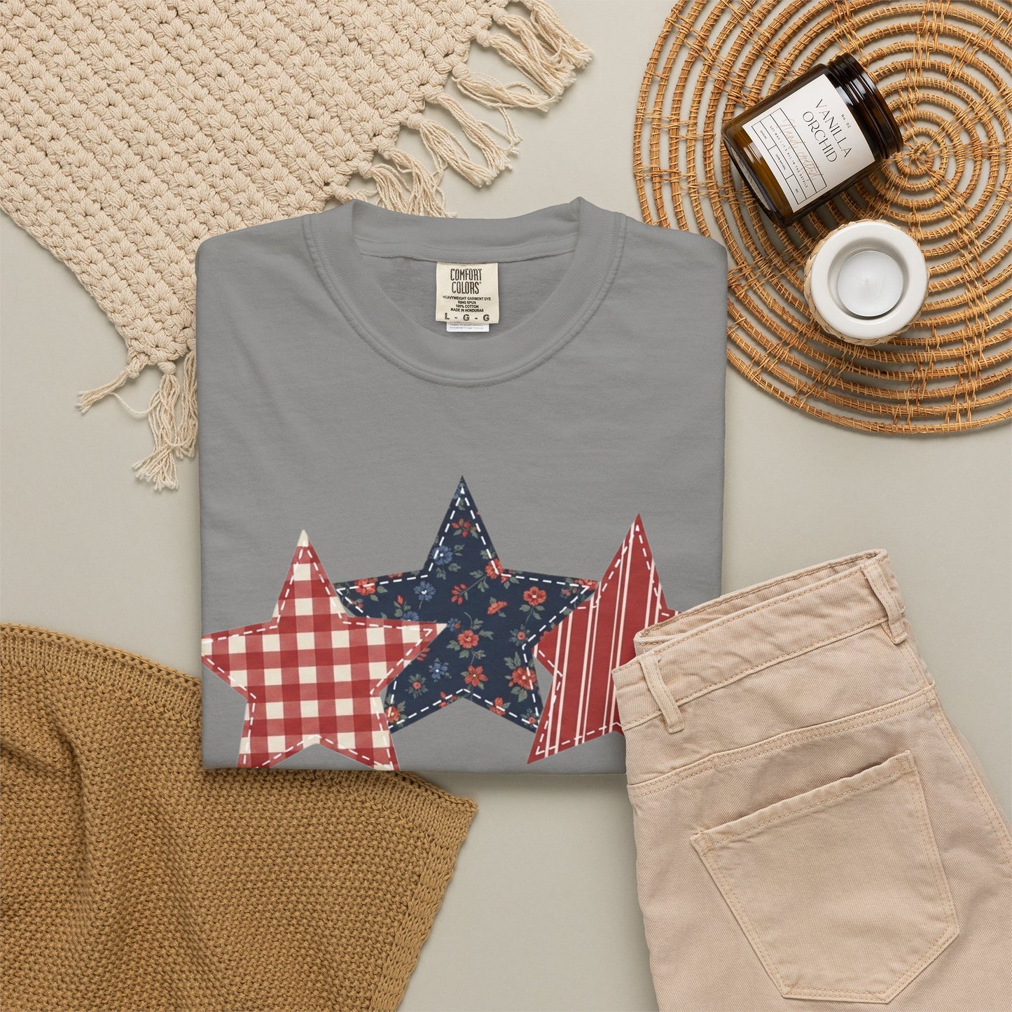 4th of July Patchwork Star T-Shirt for Summer nights • Floral Gingham Red White Blue USA Tee • Patriotic Outfit