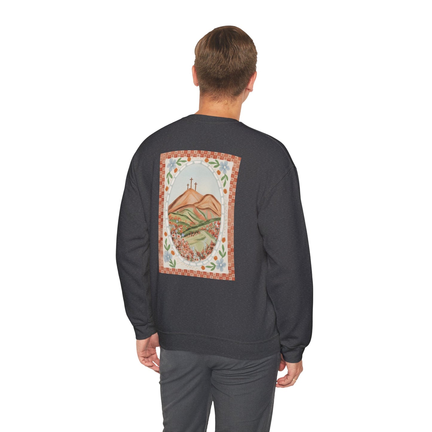 Easter Landscape Faith Sweatshirt (Front & Back) • Christian Mountain Cross Crewneck • Floral Resurrection Scene Graphic