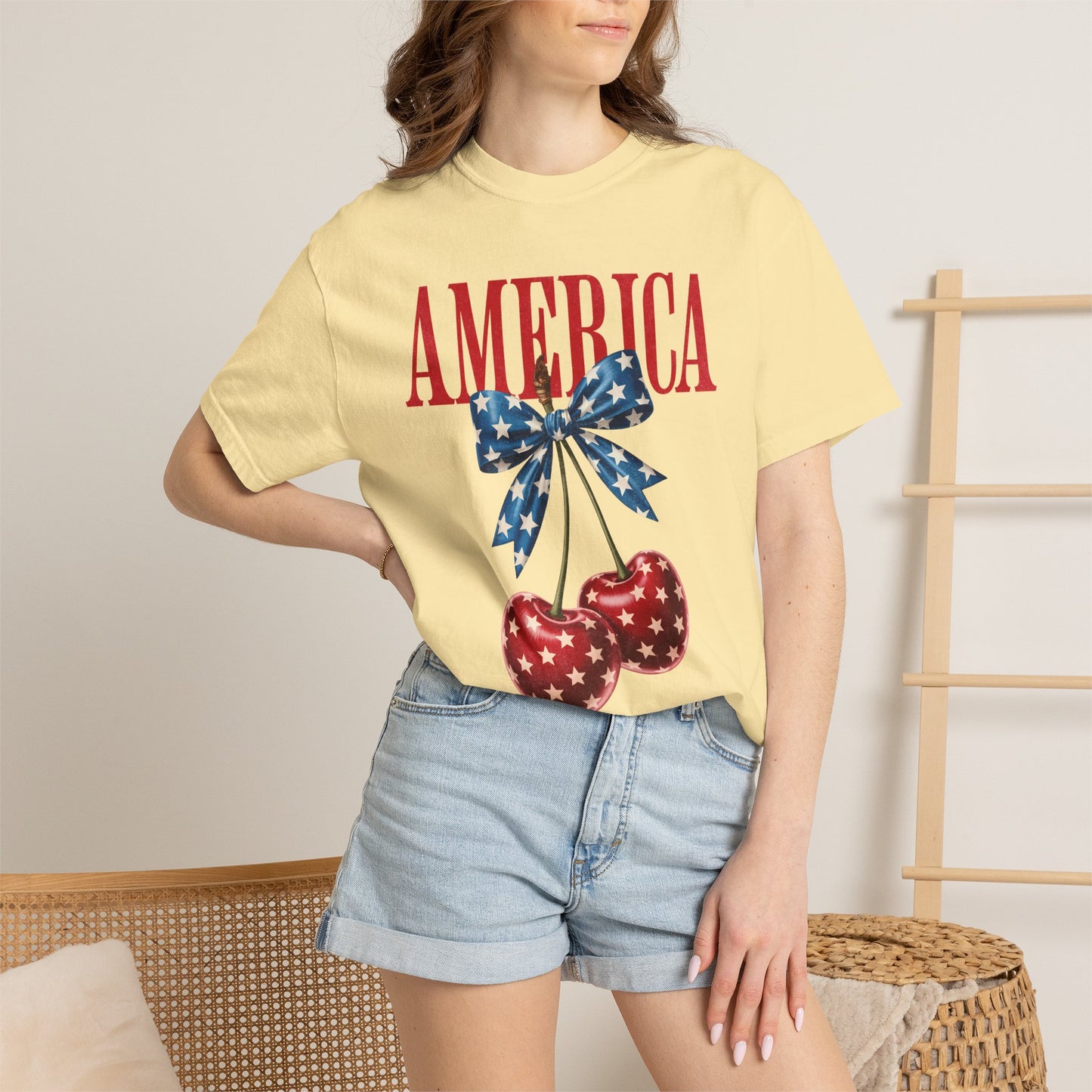 America Cherry Bow T-Shirt • 4th of July Coquette Tee • Red White Blue Graphic Shirt
