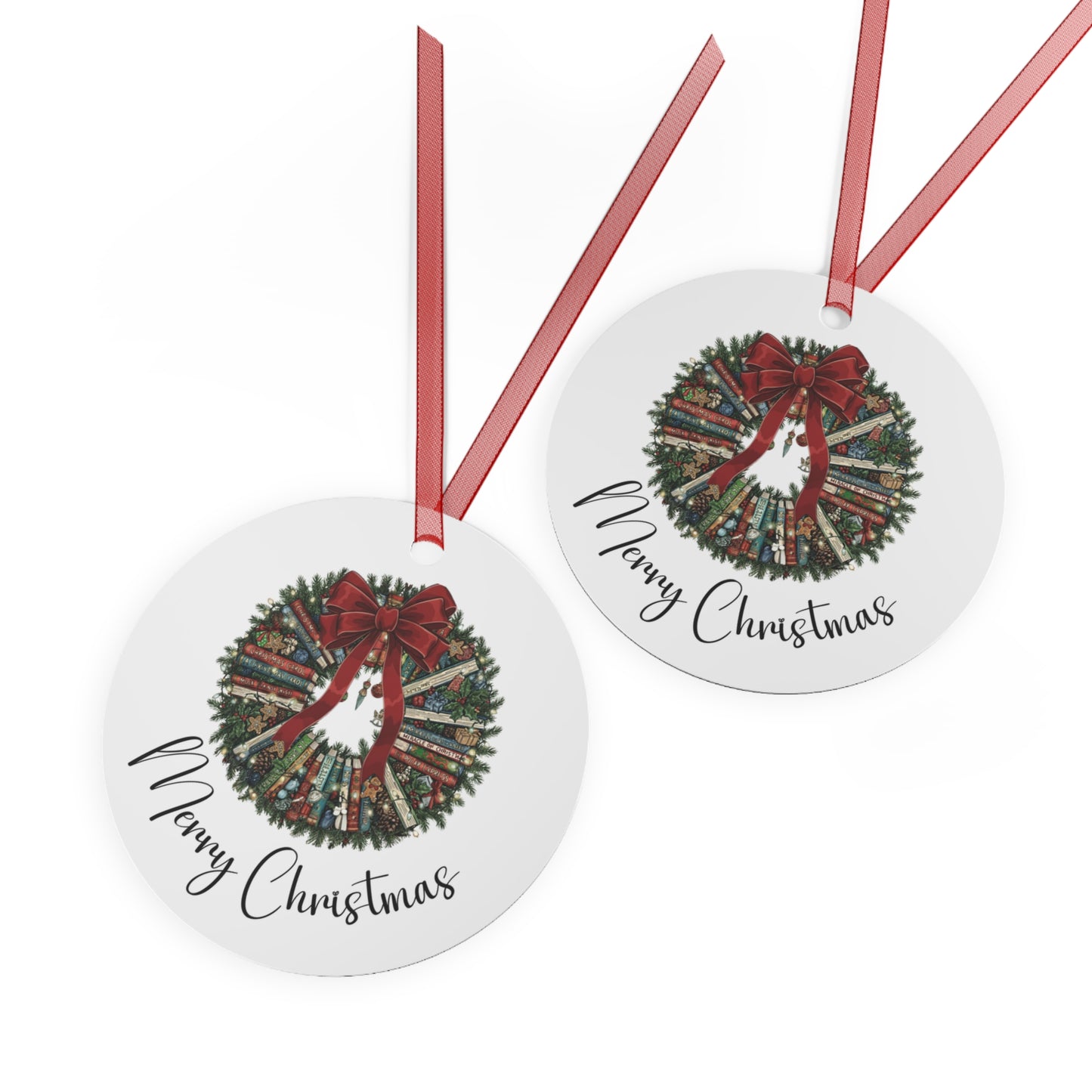 Bookish Wreath Metal Christmas Ornaments, Festive Holiday Decor, Personalized Gift for Tree, DIY Christmas Decorations, Wreath Design, Merry Christmas