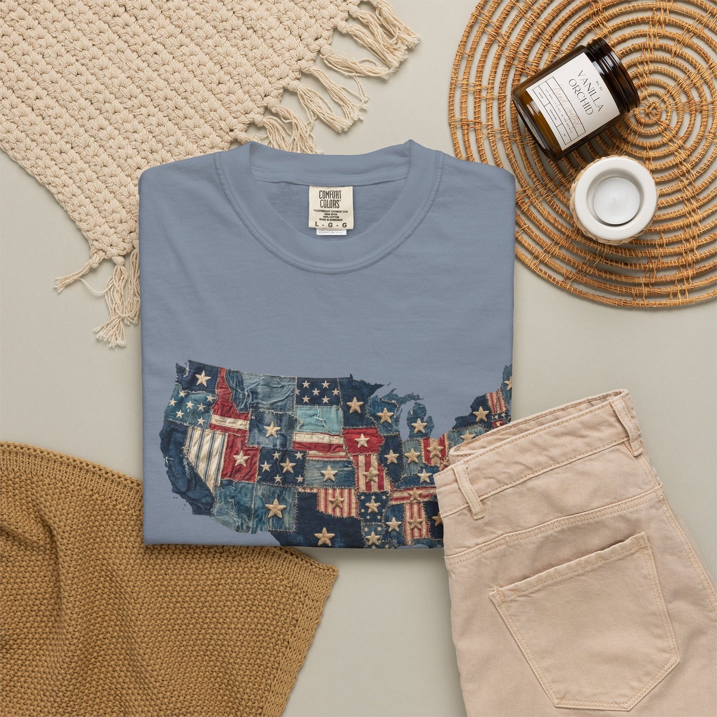 Denim American Flag T-Shirt • USA Patchwork Map Tee • Patriotic Vintage Stars Graphic Shirt