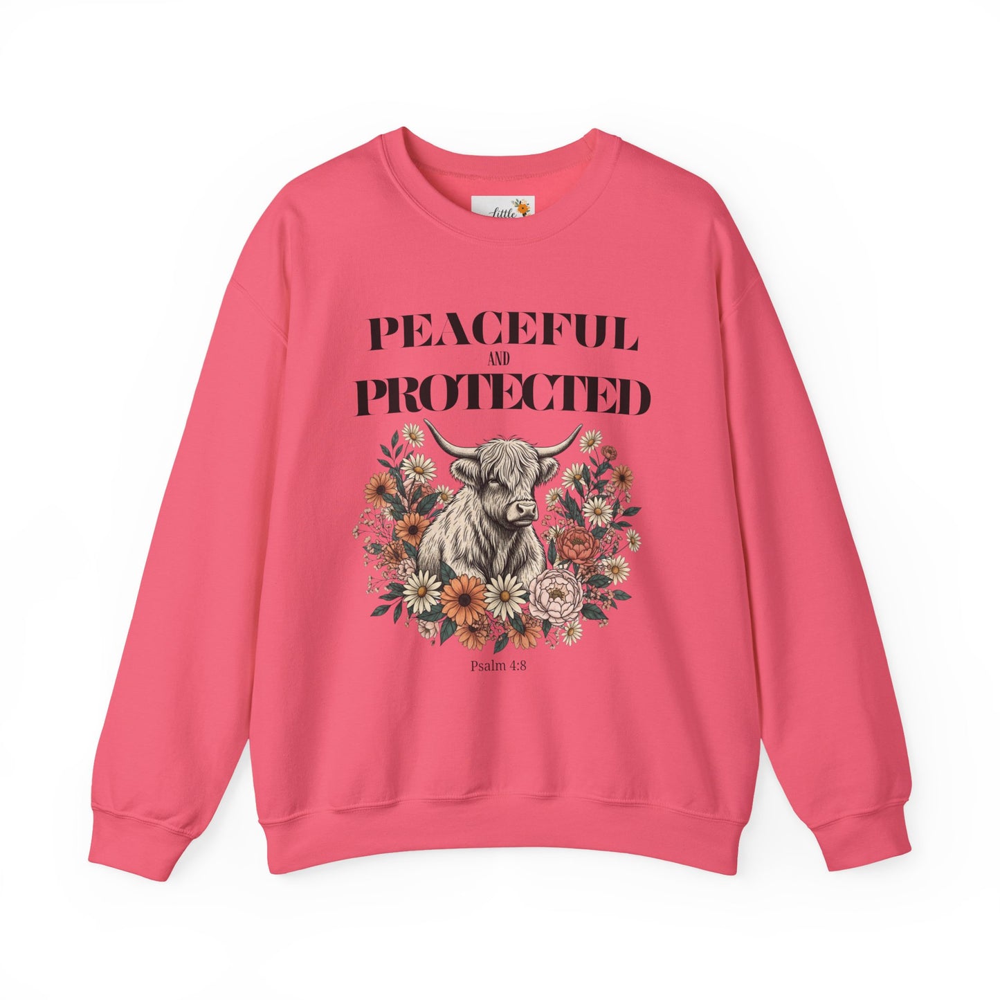 Peaceful and Protected Highland Cow Floral Sweatshirt • Psalm 4:8 Christian Crewneck • Western Cow Faith Graphic