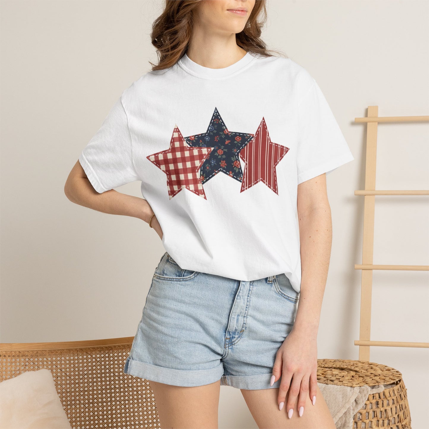 4th of July Patchwork Star T-Shirt for Summer nights • Floral Gingham Red White Blue USA Tee • Patriotic Outfit