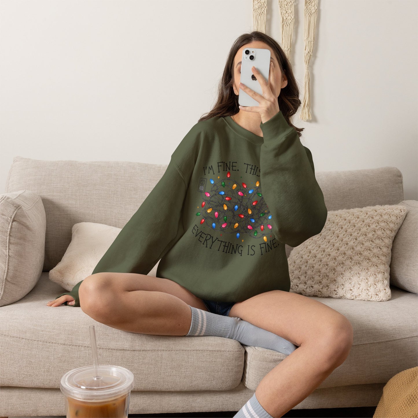 Crewneck Sweatshirt — "I'm Fine. This is Fine. Everything is Fine." Holiday Lights Design
