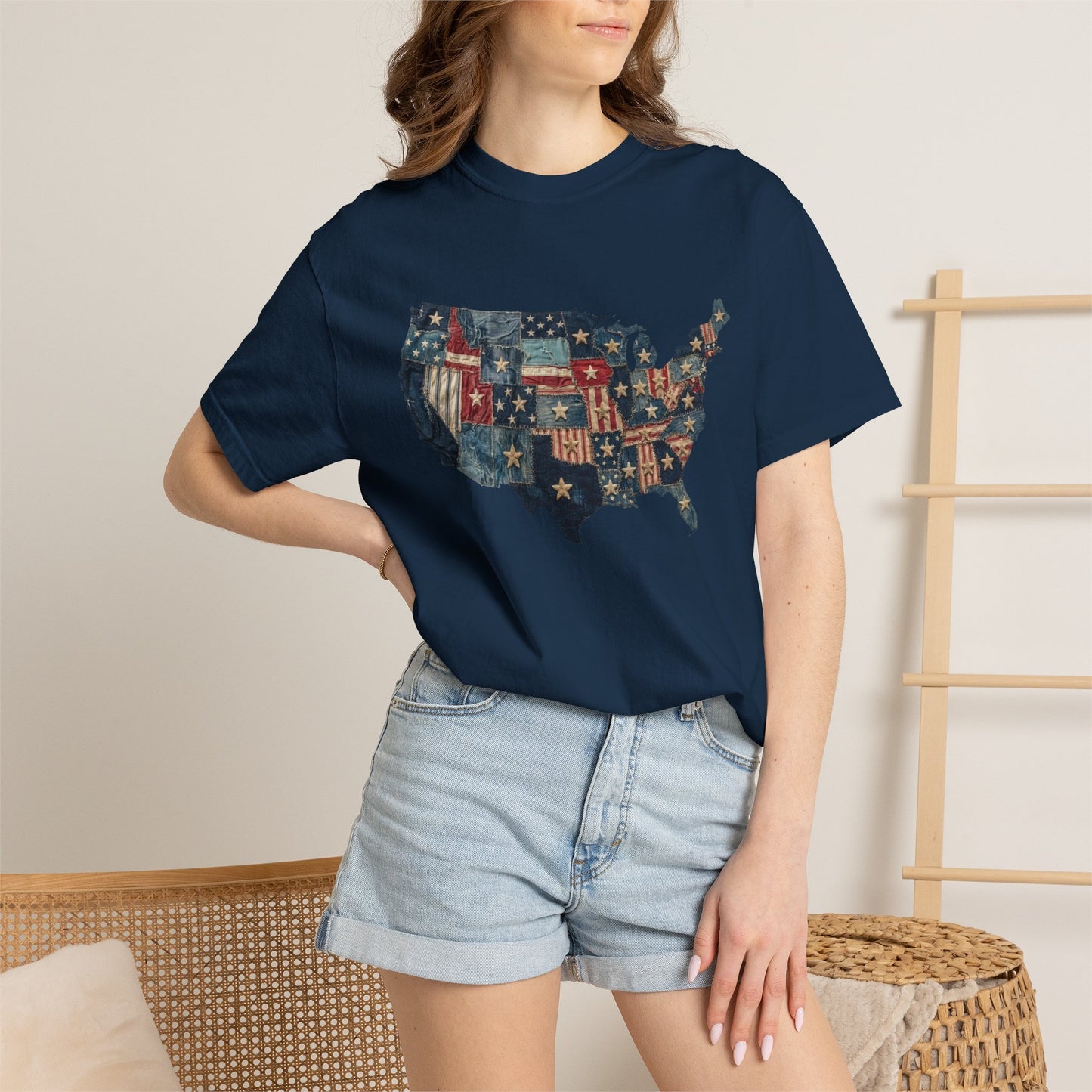 Denim American Flag T-Shirt • USA Patchwork Map Tee • Patriotic Vintage Stars Graphic Shirt