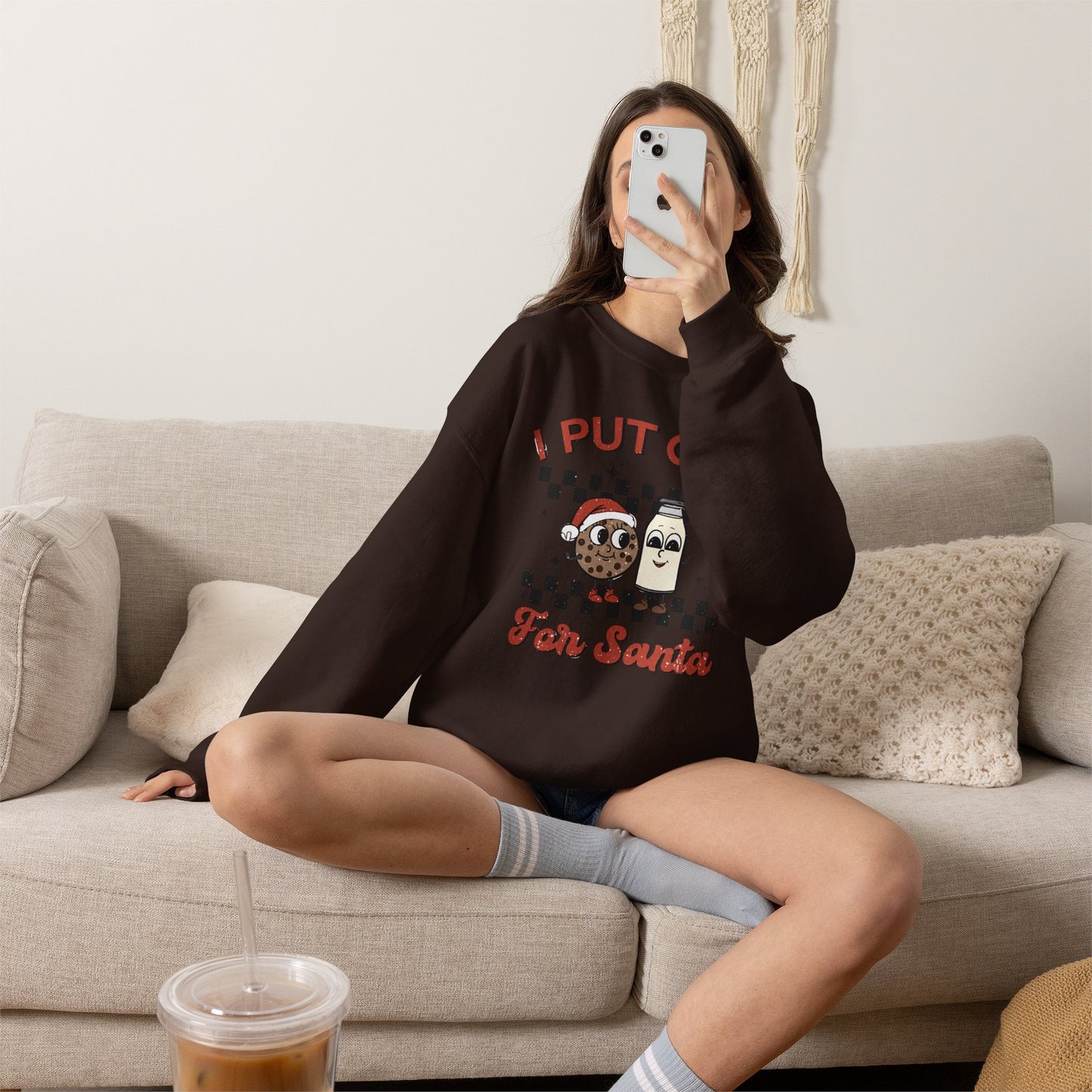 "I Put Out For Santa" Sweatshirt Christmas Cookie & Milk Holiday Sweater