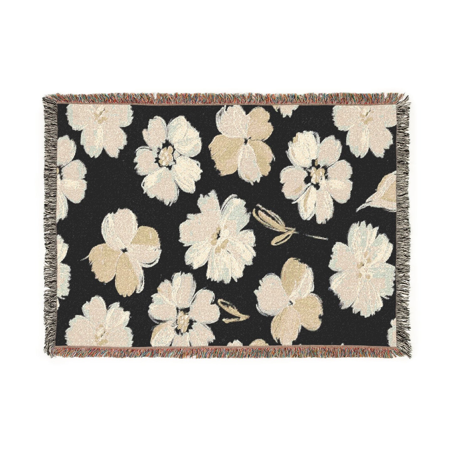 Black & White Painted Floral Woven Blanket — Monochrome Floral Throw