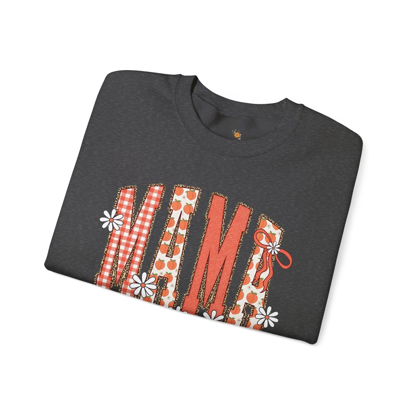 Daisy Peach MAMA Floral Sweatshirt • Spring Graphic Crew • Peach Gingham Mom pullover • Feminine Boutique Everyday Outfit