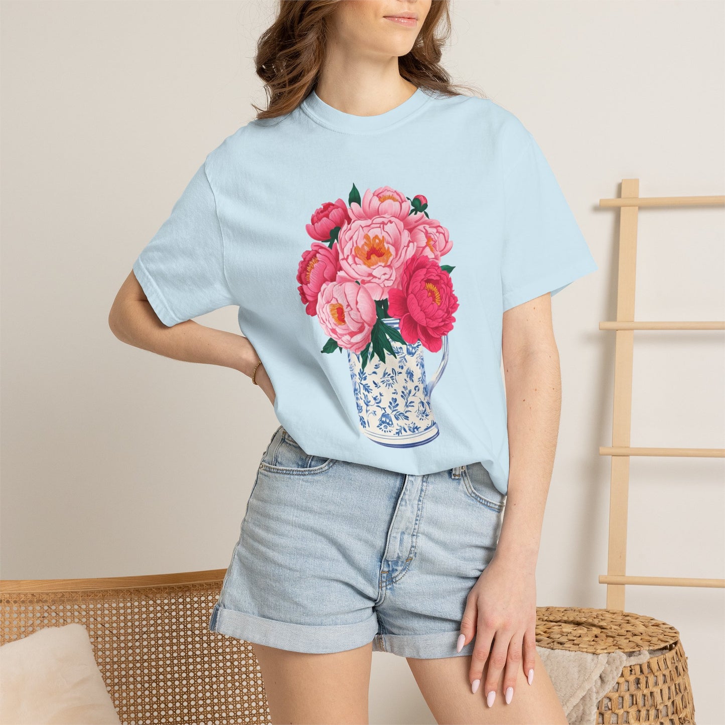 Peony Bouquet T-Shirt — Pink Peony in Vintage White & Blue Floral Vase