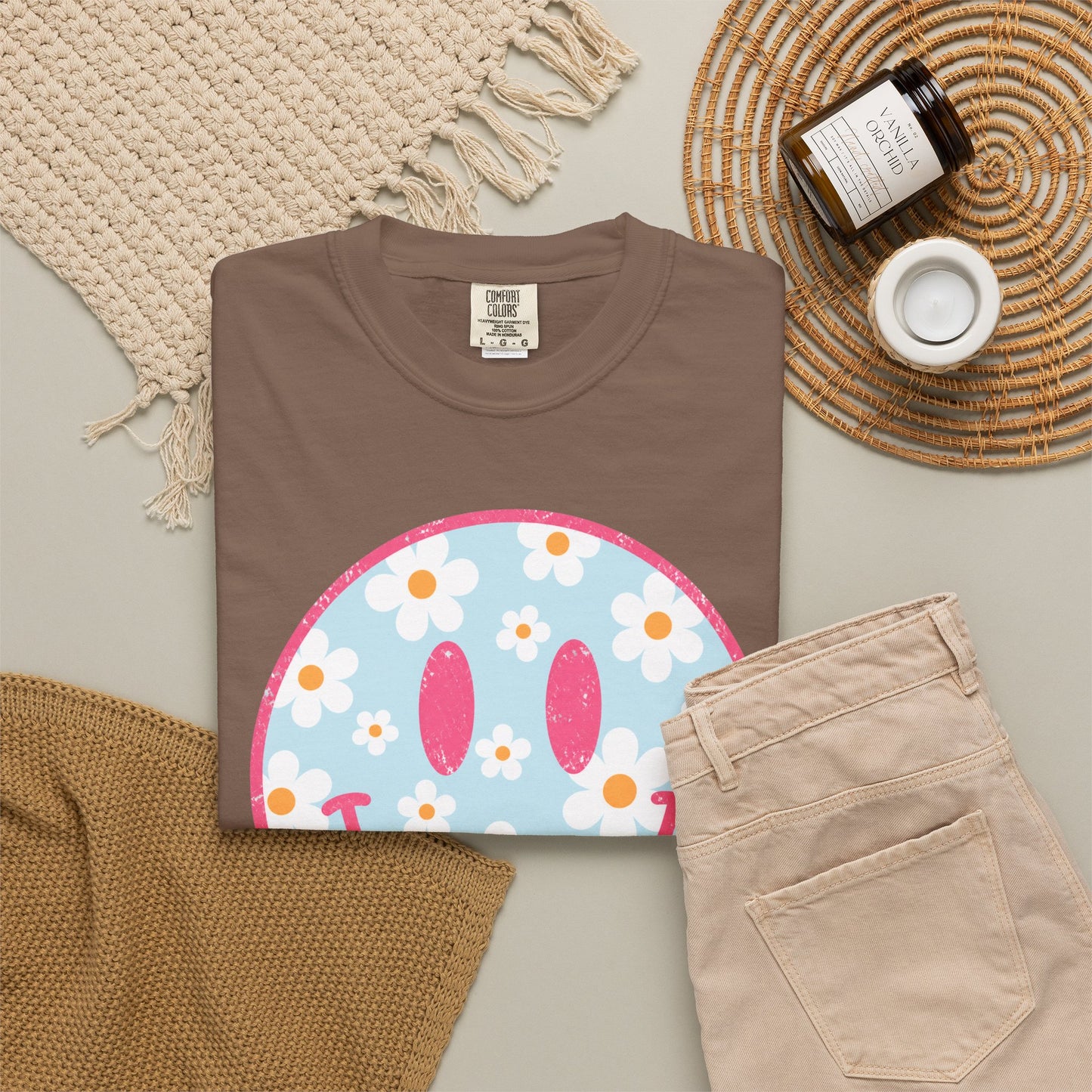 Pink Daisy Smiley Face Tee • Retro Floral Happy Face Shirt • Boutique Mama Graphic Tee