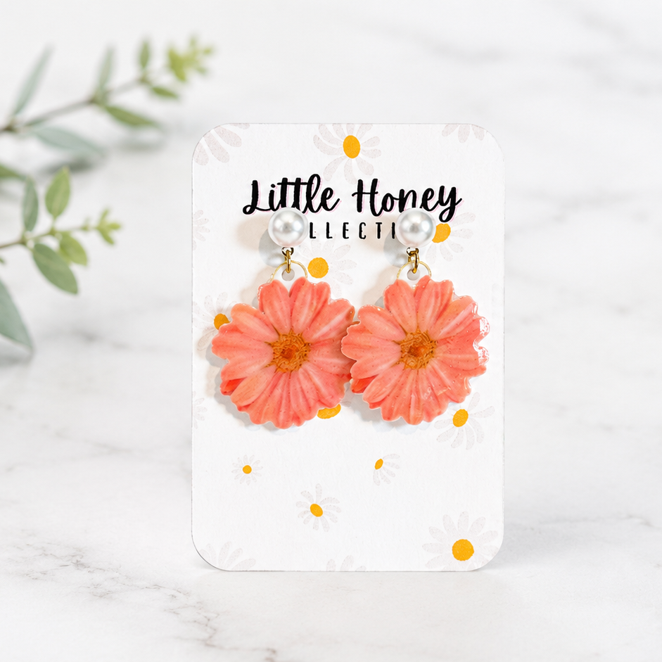 Pink Daisy Flower Drop Earrings • Pearl Floral Earrings • Cottagecore Jewelry • Hypoallergenic • Pearl Drop, Stud, Dangle & Clip-On Options