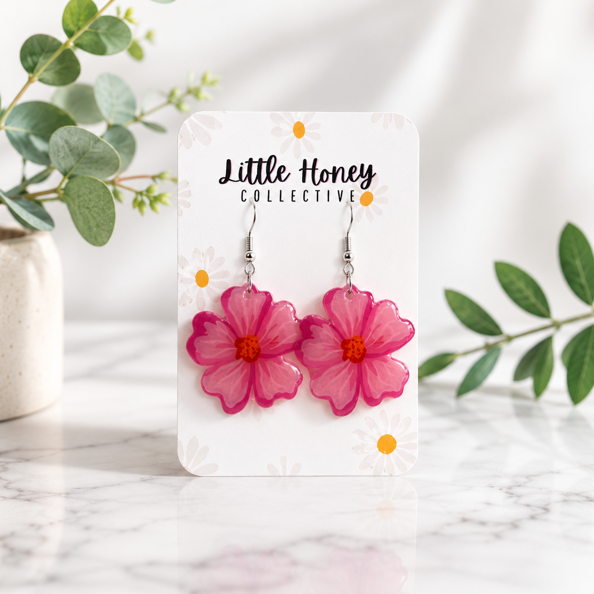 Pink Hibiscus Flower Earrings • Tropical Flower Earring • Beach Vacation Jewelry • Hypoallergenic • Pearl Drops, Stud, Dangle & Clip-Ons