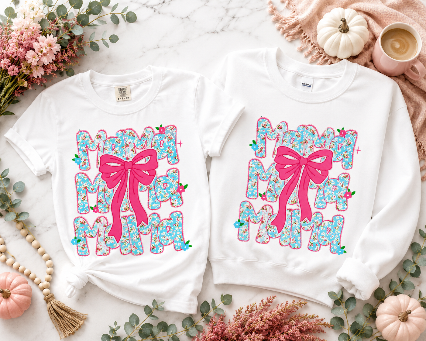 Hydrangea Mama Shirt • Pink Bow Mama Tee • Blue Floral Mama Shirt • Comfort Colors Mama Shirt • Cottagecore Mom Gift