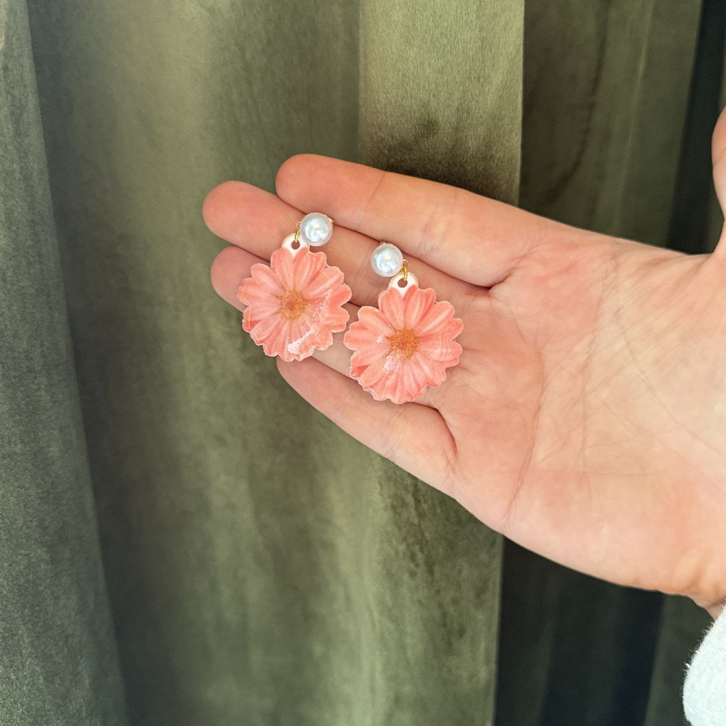Pink Daisy Flower Drop Earrings • Pearl Floral Earrings • Cottagecore Jewelry • Hypoallergenic • Pearl Drop, Stud, Dangle & Clip-On Options