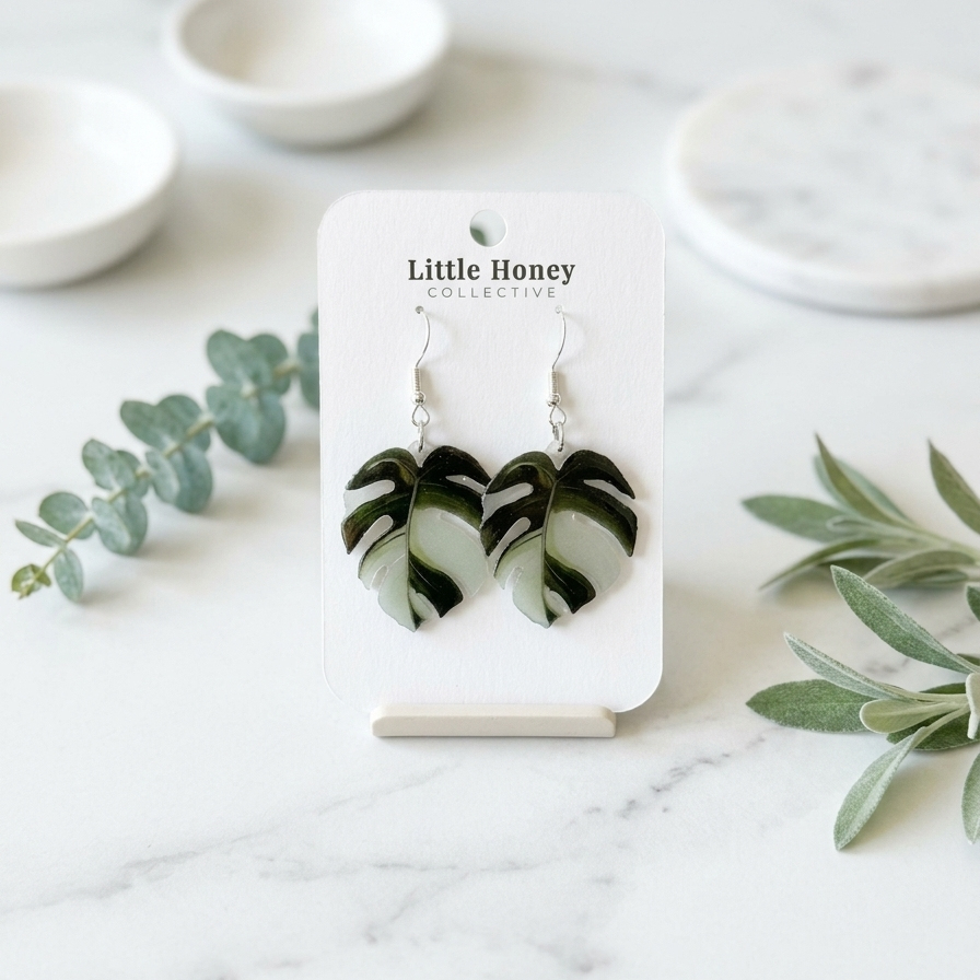 Monstera Leaf Drop Earrings • Botanical Earrings • Plant Lover Earrings • Hypoallergenic • Pearl Drop, Stud, Dangle & Clip-On Options