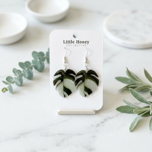 Monstera Leaf Drop Earrings • Botanical Earrings • Plant Lover Earrings • Hypoallergenic • Pearl Drop, Stud, Dangle & Clip-On Options