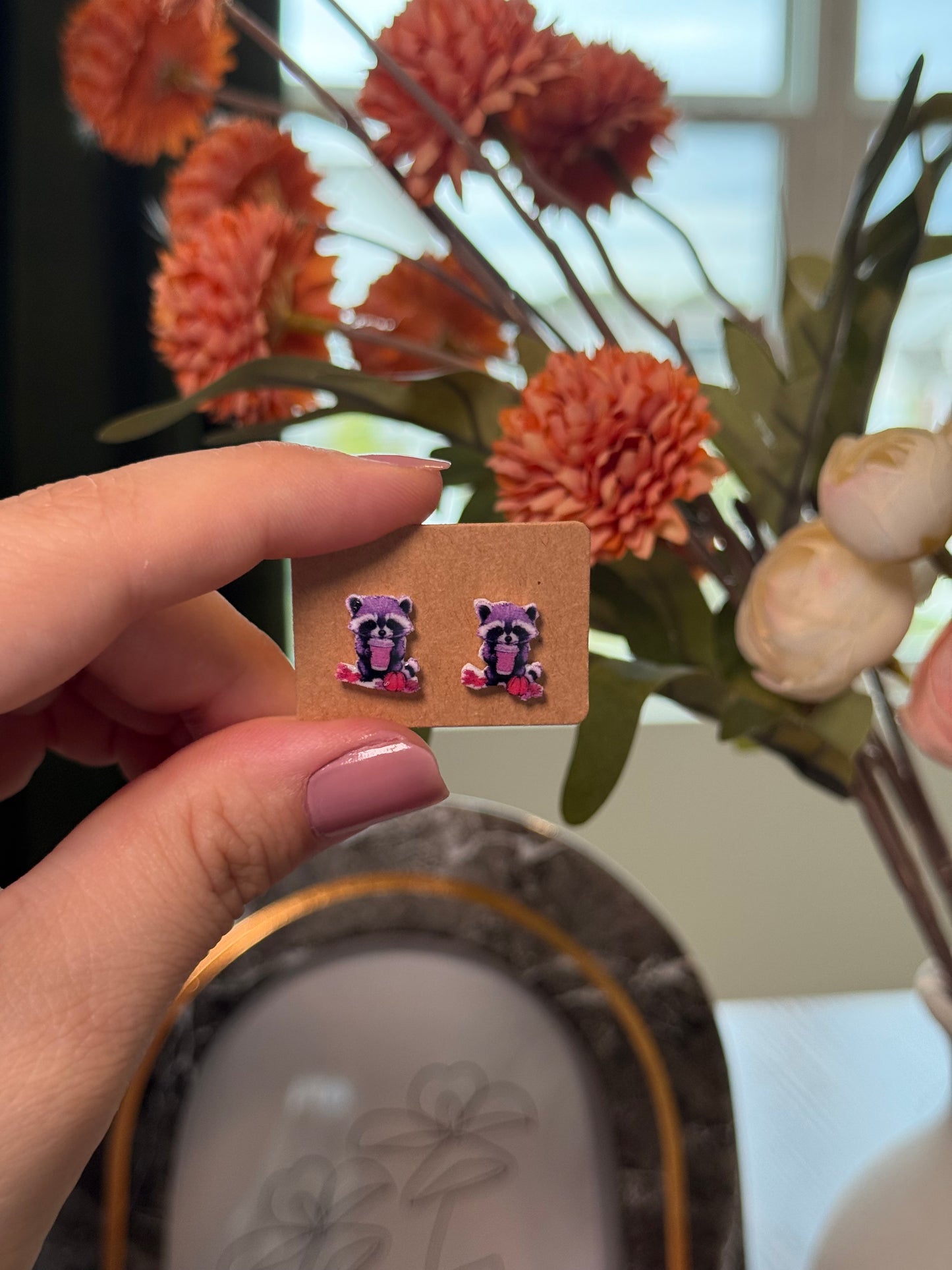 Fall Raccoon Earrings – Cute Autumn Studs with Pumpkins & Coffee | Little Honey Collective
