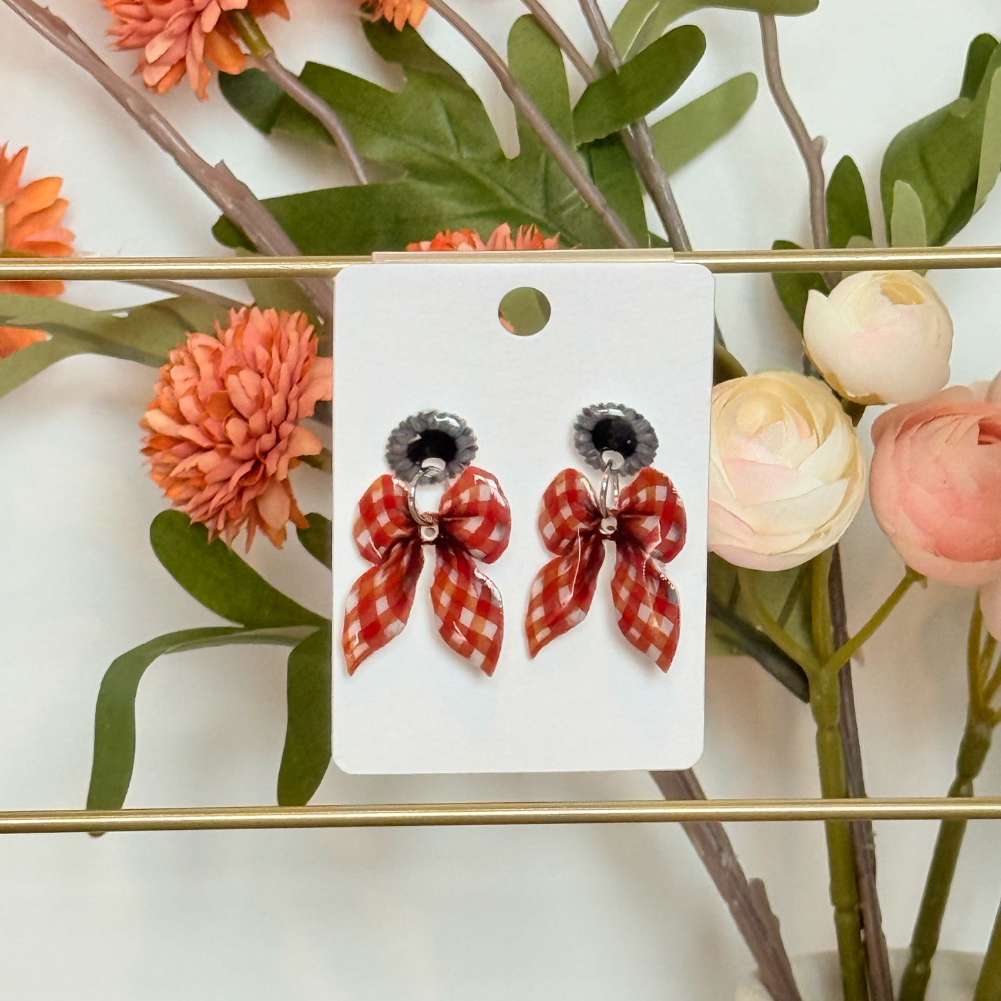 Sunflower Gingham Bow Earrings Classic Farmhouse Studs Perfect for Fall Outfits Everyday Wear Holiday Gift Idea Mommy and Me Jewelry