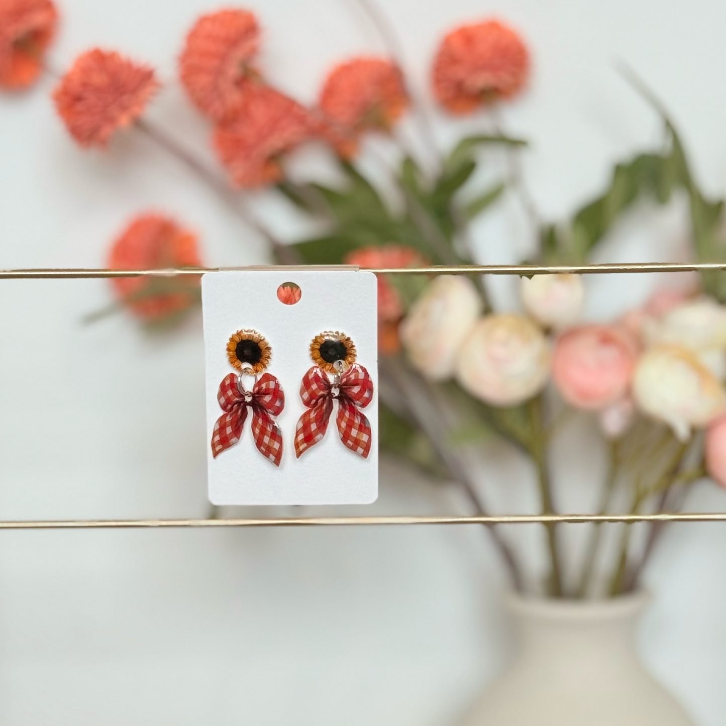 Sunflower Gingham Bow Earrings Classic Farmhouse Studs Perfect for Fall Outfits Everyday Wear Holiday Gift Idea Mommy and Me Jewelry