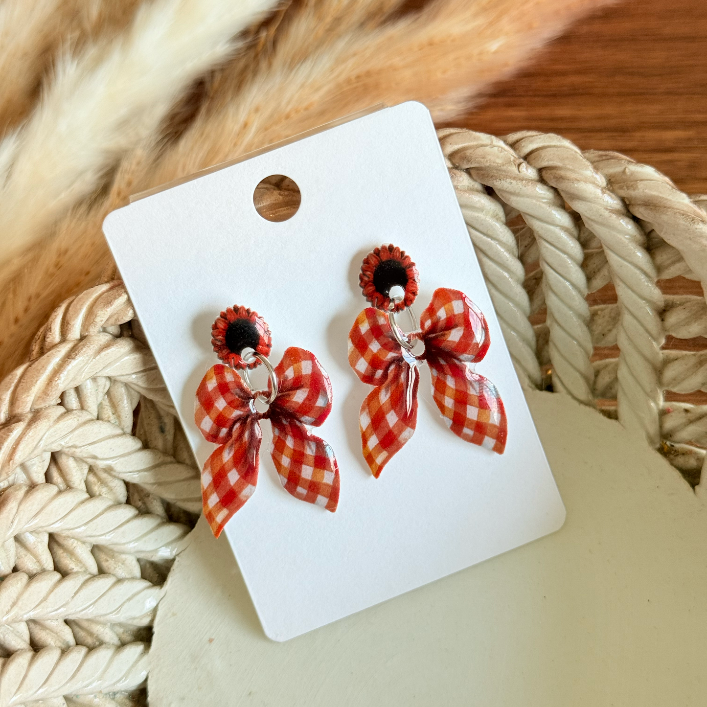 Sunflower Gingham Bow Earrings Classic Farmhouse Studs Perfect for Fall Outfits Everyday Wear Holiday Gift Idea Mommy and Me Jewelry