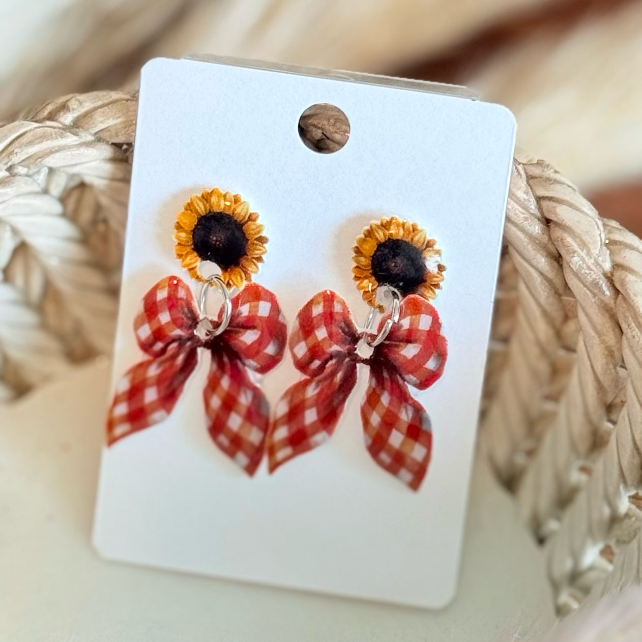 Sunflower Gingham Bow Earrings Classic Farmhouse Studs Perfect for Fall Outfits Everyday Wear Holiday Gift Idea Mommy and Me Jewelry