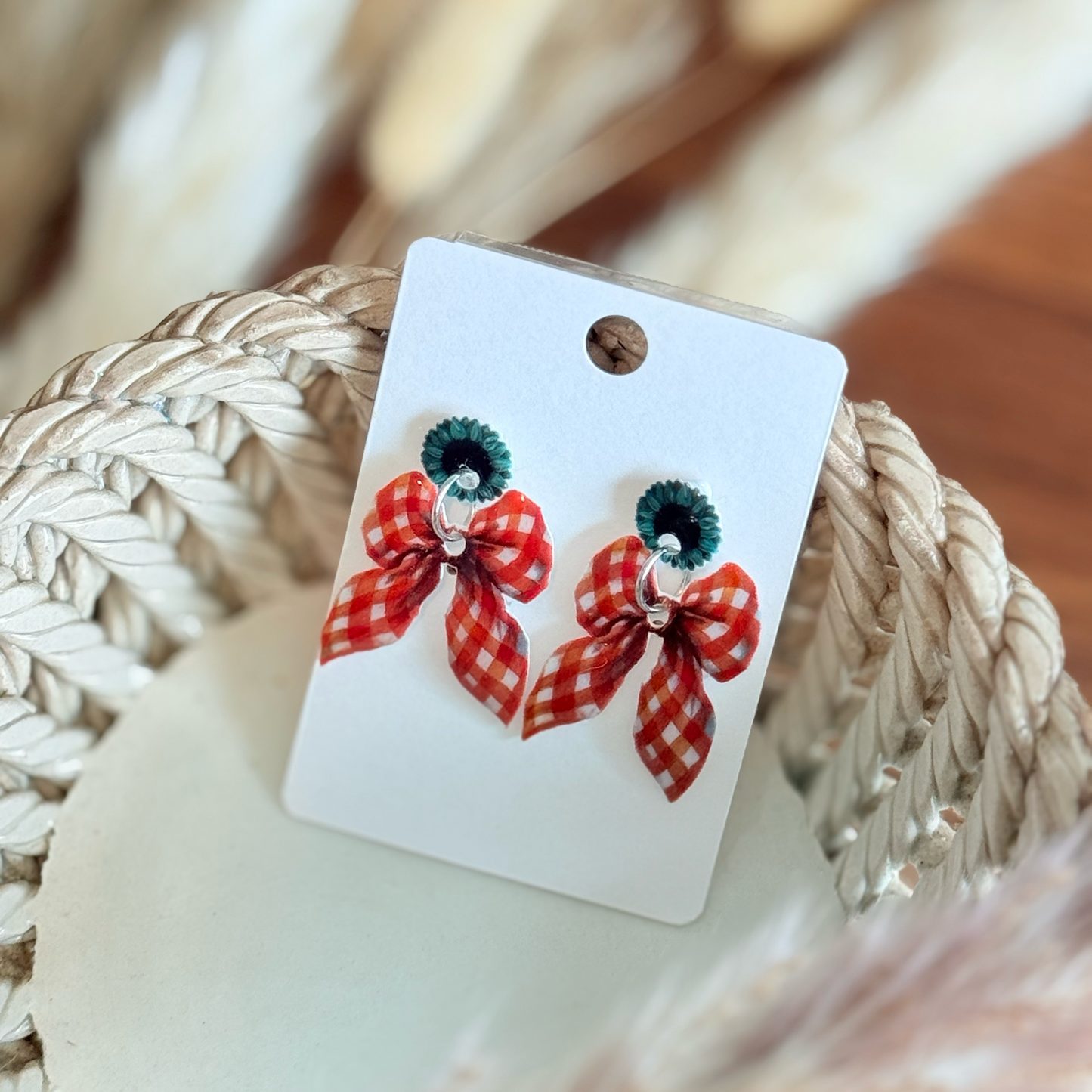 Sunflower Gingham Bow Earrings Classic Farmhouse Studs Perfect for Fall Outfits Everyday Wear Holiday Gift Idea Mommy and Me Jewelry