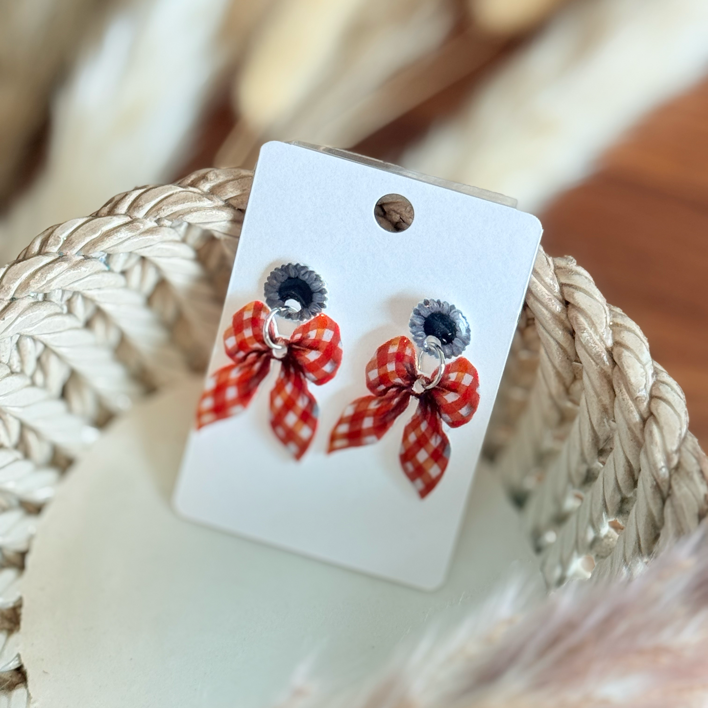 Sunflower Gingham Bow Earrings Classic Farmhouse Studs Perfect for Fall Outfits Everyday Wear Holiday Gift Idea Mommy and Me Jewelry