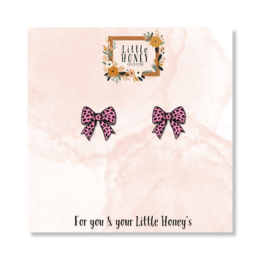 Pink Leopard Bow Earrings – Cute Stud Earrings for Moms & Daughters | Little Honey Collective