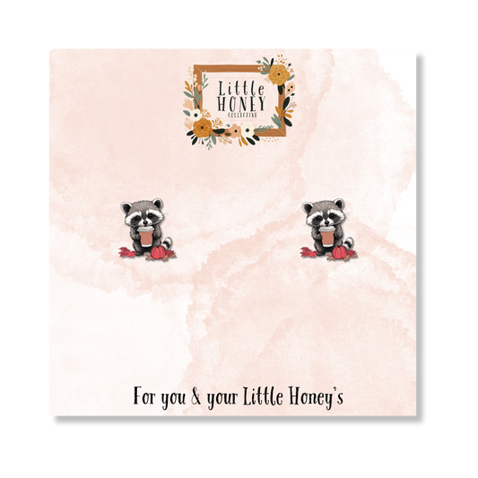 Fall Raccoon Earrings – Cute Autumn Studs with Pumpkins & Coffee | Little Honey Collective