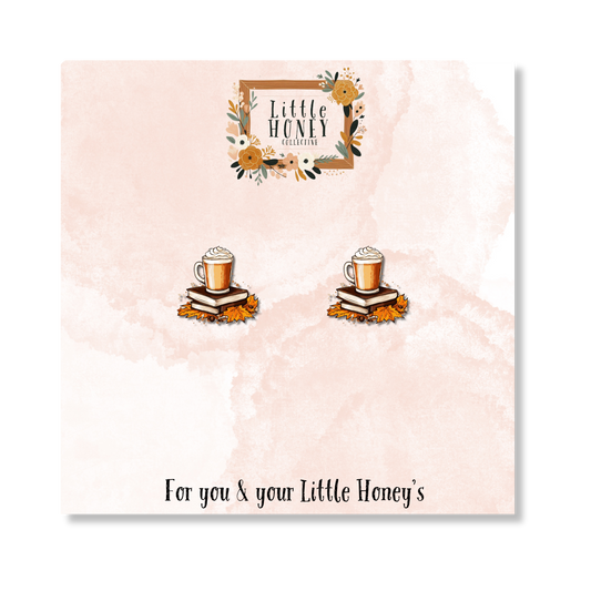 Pumpkin Spice Coffee Earrings – Cozy Fall Studs with Books & Leaves | Little Honey Collective