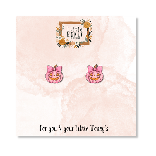 Pink Pumpkin Face Earrings – Cute Halloween Studs with Bow | Little Honey Collective