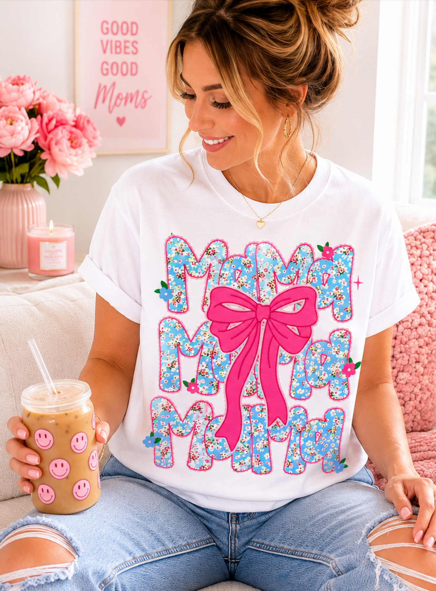 Hydrangea Mama Shirt • Pink Bow Mama Tee • Blue Floral Mama Shirt • Comfort Colors Mama Shirt • Cottagecore Mom Gift