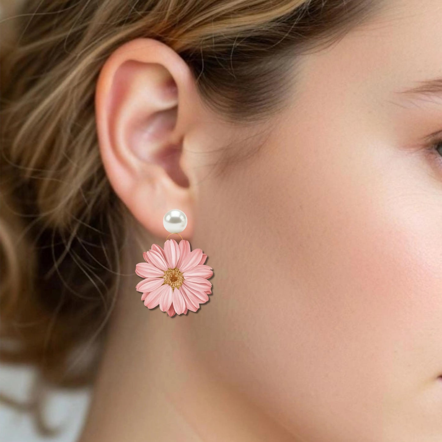 Pink Daisy Flower Drop Earrings • Pearl Floral Earrings • Cottagecore Jewelry • Hypoallergenic • Pearl Drop, Stud, Dangle & Clip-On Options
